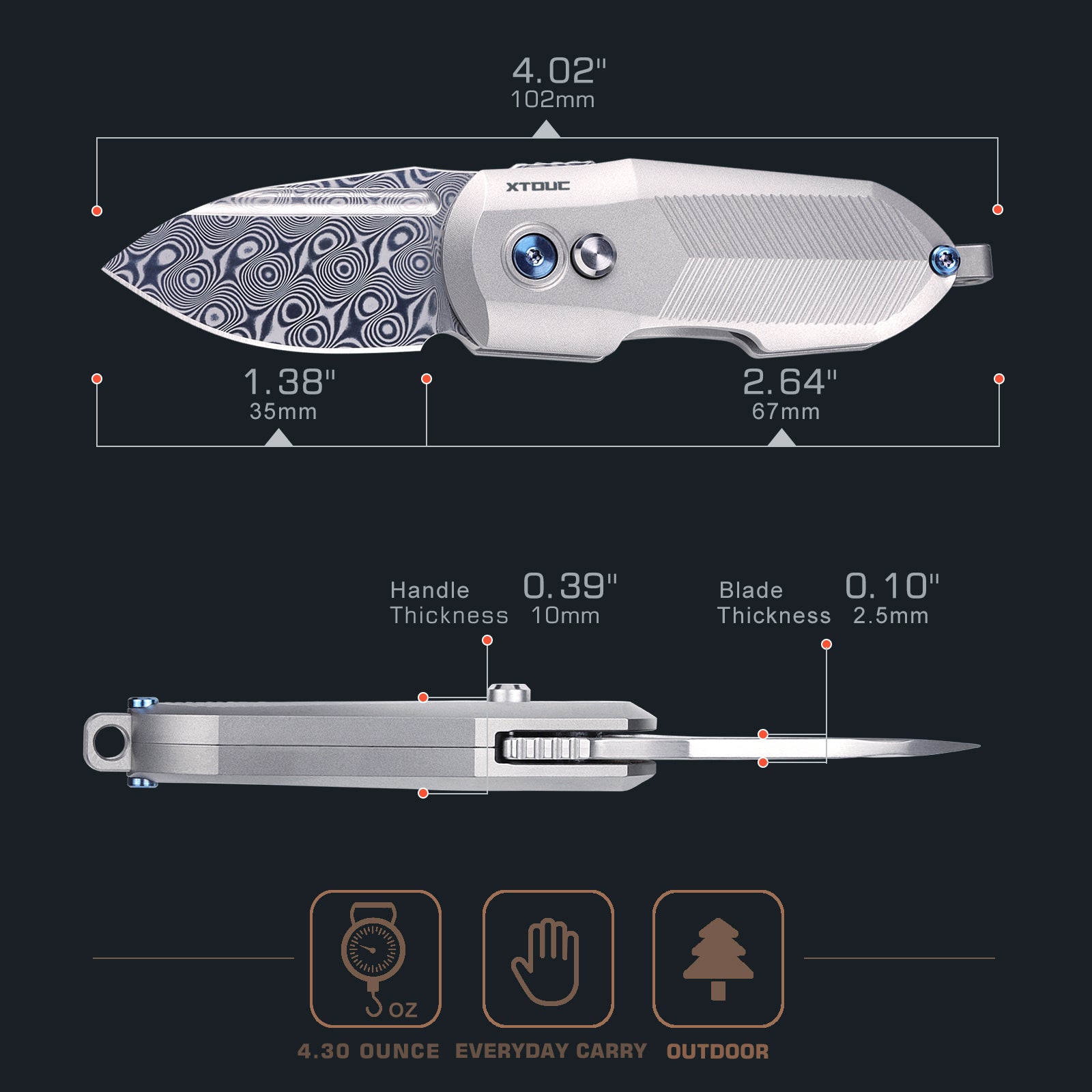 XTOUC Mini keychain Folding Pocket Knife Damascus Blade EDC Titanium Handle Button Lock Knifes TD774